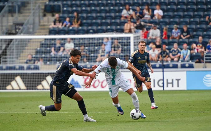 August 13, 2026, Chester, Pennsylvania, United States: Santos Laguna player, RAMIRO SORDO (26) in action against Philadelphia Union player, RAFAEL UZCATEGUI (40) during the Leagues Cup match at Subaru Park in Chester PA Chester United States - ZUMArf1_ 20260813_zaf_rf1_009 Copyright: xRickyxFitchettx