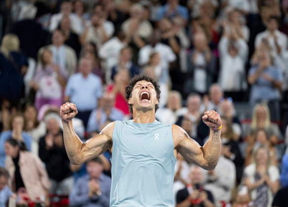August 13, 2026, Montreal, Pq, Canada: Ben Shelton of the United States celebrates his win over compatriot Brandon Nakashima during final tennis action at the National Bank Open in Montreal on Thursday, Aug. 13, 2026. Canada News - August 13, 2026  - ZUMAc35_ 20260813_zaf_c35_142 Copyright: xChristinnexMuschix