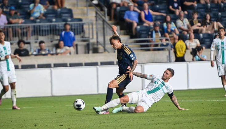 August 13, 2026, Chester, Pennsylvania, United States: Santos Laguna player, FRANCO PARDO (18) in action against Philadelphia Union player, AGUSTIN ANELLO (28) during the Leagues Cup match at Subaru Park in Chester PA Chester United States - ZUMArf1_ 20260813_zaf_rf1_015 Copyright: xRickyxFitchettx