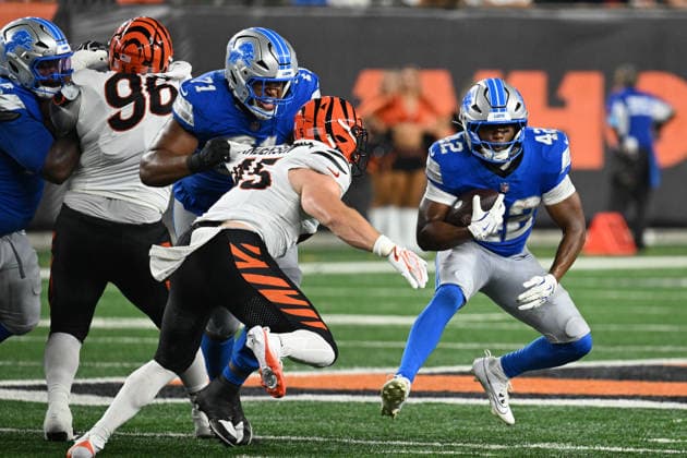 August 13, 2026: Detroit Lions running back Raheem Blackshear (42) carries the ball against the Cincinnati Bengals in the 4th quarter in their game in Cincinnati, Ohio. Cincinnati won the game 16-14. Cal Media Cincinnati USA - ZUMAc04_ 20260813_zma_c04_043 Copyright: xBrentxClarkx