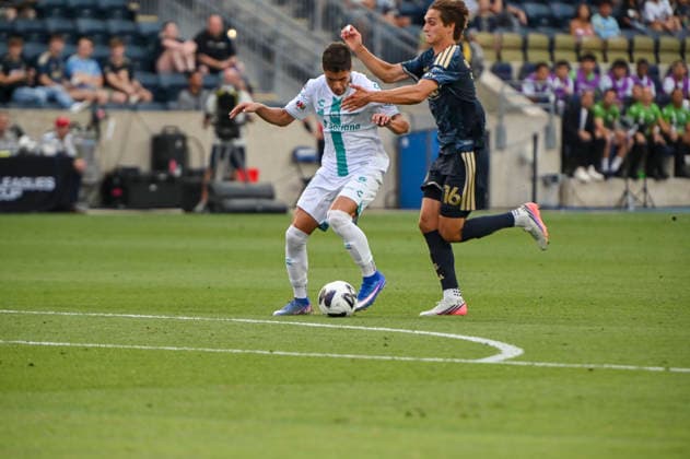 August 13, 2026, Chester, Pennsylvania, United States: Santos Laguna player, RAMIRO SORDO (26) in action against Philadelphia Union player, BEN BENDER (16) during the Leagues Cup match at Subaru Park in Chester PA Soccer 2026: Santos Laguna 2 : 0 Philadelphia Union  - ZUMArf1_ 20260813_zaf_rf1_005 Copyright: xRickyxFitchettx