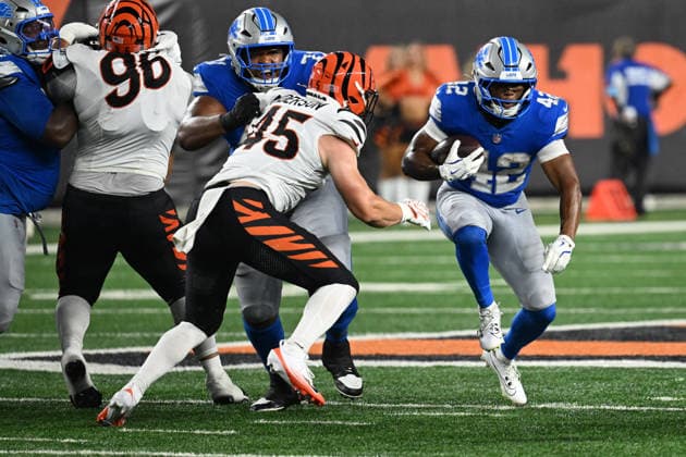 August 13, 2026: Detroit Lions running back Raheem Blackshear (42) carries the ball against the Cincinnati Bengals in the 4th quarter in their game in Cincinnati, Ohio. Cincinnati won the game 16-14. Cal Media Cincinnati USA - ZUMAc04_ 20260813_zma_c04_048 Copyright: xBrentxClarkx