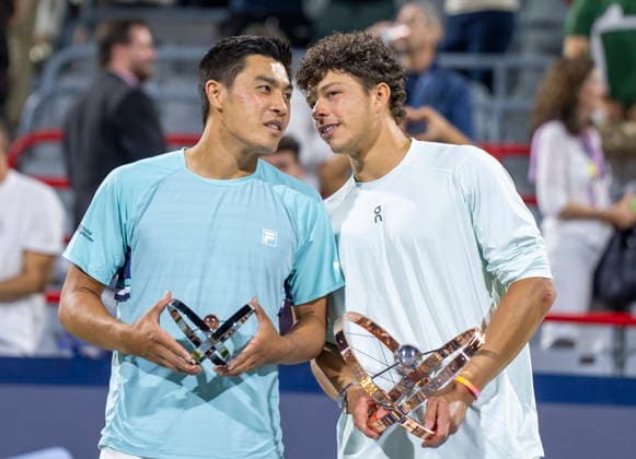 August 13, 2026, Montreal, Pq, Canada: Winner Ben Shelton, right, of the United States, and the runner up, compatriot Brandon Nakashima, pose with their trophies following final tennis action at the National Bank Open in Montreal on Thursday, Aug. 13, 2026. Canada News - August 13, 2026  - ZUMAc35_ 20260813_zaf_c35_145 Copyright: xChristinnexMuschix
