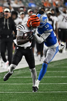 NFL, American Football Herren, USA 2026: Detroit Lions Vs Cincinnati Bengals AUG 13 August 13, 2026: Detroit Lions wide receiver Tay Martin (17) facemasks Cincinnati Bengals safety Russ Yeast (39) in their game in Cincinnati, Ohio. Brent Clark Cal Media (Credit Image: Â Brent Clark Cal Sport Media) Cincinnati Oh USA EDITORIAL USE ONLY Copyright: xx ZUMA-20260813_zma_c04_044.jpg BrentxClarkx csmphotothree510983