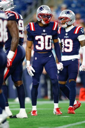August 13, 2026; Foxborough, Massachusetts, USA; New England Patriots safety Eric Butler (30) celebrates after breaking up a pass in an NFL, American Football Herren, USA preseason game against the Indianapolis Colts at Gillette Stadium. (c) CSM - ZUMAc04_ 20260813_zma_c04_075 Copyright: xBurtxGranofskyx