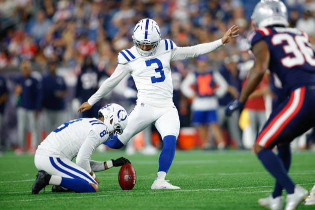 August 13, 2026; Foxborough, Massachusetts, USA; Indianapolis Colts kicker Spencer Shrader (3) kicks a field goal in an NFL, American Football Herren, USA preseason game at Gillette Stadium. (c) CSM - ZUMAc04_ 20260813_zma_c04_084 Copyright: xBurtxGranofskyx
