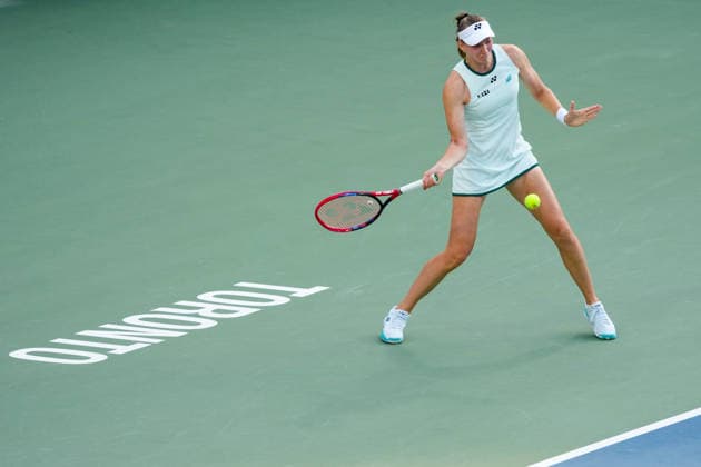 WTA, Tennis Damen Masters 1000 National Bank Open Toronto 2026 - Final Match - Day 13 Elena Rybakina of Kazakhstan plays a forehand during the Women™s Singles final match against Iga Swiatek of Poland on day 13 of the WTA Masters 1000 National Bank Open at Sobeys Stadium on August 13, 2026 in Toronto, Canada. (Photo by Leonardo Ramirez Eyepix Group) Copyright: xLeonardoxRamirezx xEyepixxGroupx LR_13082026_10494
