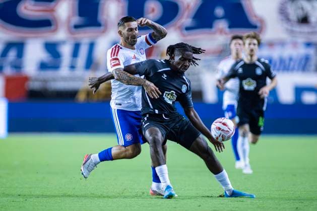 August 13, 2026, Split, Dalmatia, Croatia: Danny Lupano (FK Zalgiris) 4 in action with the ball during the second leg of the UEFA Europa Conference League third qualifying round match between HNK Hajduk Split (CRO) and FK Zalgiris (LTU) at Poljud Stadium. On photo Danny Lupano (FK Zalgiris) 4 and Marko Livaja (HNK Hajduk Split) 10. Split Croatia - ZUMAp210 20260813_zsp_p210_017 Copyright: xMajaxPrgometx