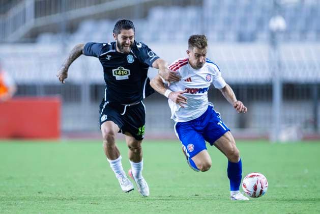 August 13, 2026, Split, Dalmatia, Croatia: Dario Melnjak (HNK HAJDUK SPLIT) 17 in action with the ball during the second leg of the UEFA Europa Conference League third qualifying round match between HNK Hajduk Split (CRO) and FK Zalgiris (LTU) at Poljud Stadium. On photo Dario Melnjak (HNK HAJDUK SPLIT) 17 and Stanislav Bilenkyi (FK Zalgiris) 19. Split Croatia - ZUMAp210 20260813_zsp_p210_036 Copyright: xMajaxPrgometx