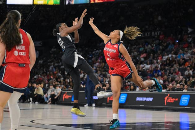 August 13, 2026, Las Vegas, Nevada, USA: CHELSEA GRAY 12 (L) in the air after shooting the ball during WNBA, Basketball Damen, USA regular season at the Michelob Ultra Arena in Las Vegas. WNBA Regular Season 2026: Las Vegas Aces Defeat The Washington Mystics 83-76  - ZUMAo117 20260813_zsp_o117_005 Copyright: xMikaelxOnax