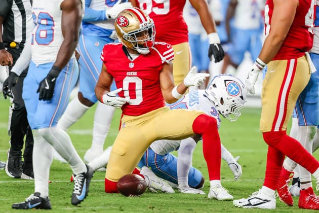 SANTA CLARA, CA - AUGUST 13: KhaDarel Hodge 0 of the San Francisco 49ers celebrates a first down during a preseason NFL, American Football Herren, USA game against the Tennessee Titans on August 13, 2026 at Levi s Stadium in Santa Clara, CA. (Photo by Matthew Huang Icon Sportswire) NFL: AUG 13 Titans at 49ers EDITORIAL USE ONLY Icon260813015