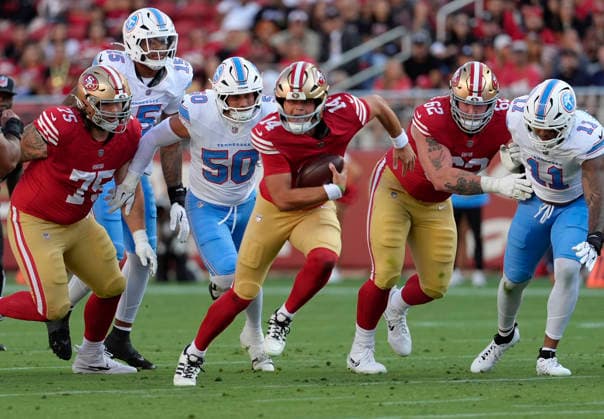 August 13, 2026, Santa Clara, California, USA: NFL, American Football Herren, USA 2026: 49ers vs Titans at Levi s Stadium.San Francisco 49ers quarterback Kurtis Rourke (14) runs the ball in their 19-13 loss to the Titans. Santa Clara USA - ZUMAk13_ 20260813_zap_k13_011 Copyright: xPaulxKurodax