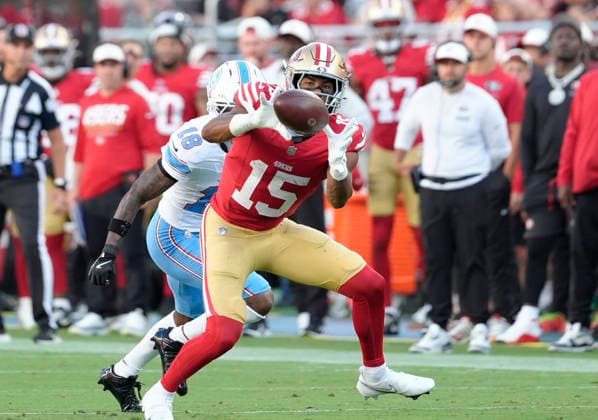 August 13, 2026, Santa Clara, California, USA: NFL, American Football Herren, USA 2026: 49ers vs Titans at Levi s Stadium. DUPLICATE***San Francisco 49ers kicker Eddy Pineiro (15)***San Francisco 49ers wide receiver De zhaun Stribling (15) makes a catch in their 19-13 loss to the Titans. Santa Clara USA - ZUMAk13_ 20260813_zap_k13_013 Copyright: xPaulxKurodax