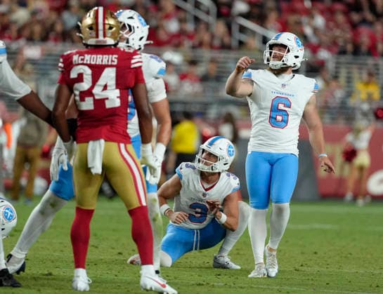 August 13, 2026, Santa Clara, California, USA: NFL, American Football Herren, USA 2026: 49ers vs Titans at Levi s Stadium.Tennessee Titans kicker Joey Slye (6) made alll of his field goal attempts in Titans 19-13 win over the 49ers. NFL 2026: 49ers Vs Titans  - ZUMAk13_ 20260813_zap_k13_018 Copyright: xPaulxKurodax