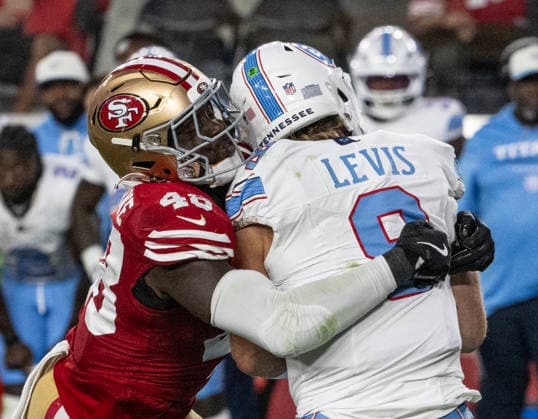 San Francisco 49ers linebacker Tatum Bethune (48) grabs Tennessee Titans quarterback Will Levis (8) in the third quarter at Levi s Stadium in Santa Clara, California on Thursday, August 13,, 2026. The Titans defeated the 49ers 19-13.  SXP2026081318 TERRYxSCHMITT