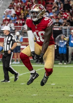 San Francisco 49ers linebacker Tatum Bethune (48) celebrates sacking Tennessee Titans quarterback Will Levis in the third quarter at Levi s Stadium in Santa Clara, California on Thursday, August 13,, 2026. The Titans defeated the 49ers 19-13.  SXP2026081319 TERRYxSCHMITT