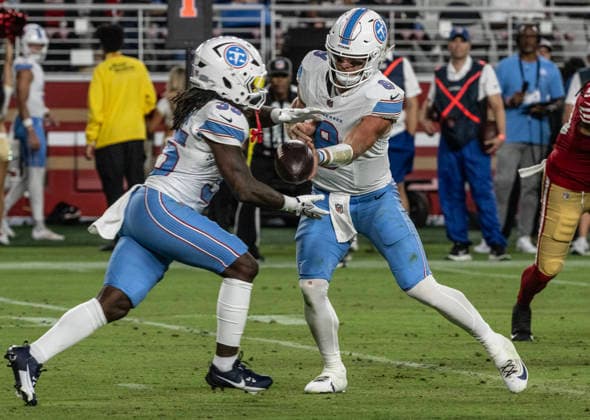 Tennessee Titans quarterback Will Levis (8) hands off to running back Julius Chestnut (36) in the fourth quarter against the San Francisco 49ers at Levi s Stadium in Santa Clara, California on Thursday, August 13,, 2026. The Titans defeated the 49ers 19-13.  SXP2026081323 TERRYxSCHMITT