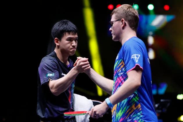 MALMO, SWEDEN - AUGUST 13: Alexis Lebrun of France high fives Xiang Peng of China after the Men s Singles Round of 32 match on Day 4 of Europe Smash Sweden 2026 at Baltiska Hallen on August 13, 2026 in Malmo, Sweden.  Copyright: xVCGx 111659767952