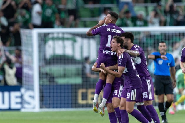 Myrto Uzuni (C) of Austin celebrate a goal with his teammates in a Leagues Cup match between America and Austin FC at the Q2 stadium in Austin, United States, 13 August 2026. Leagues Cup - America vs Austin FC !ACHTUNG: NUR REDAKTIONELLE NUTZUNG!  Copyright: xCarlosxRamírezx AMDEP870 0864048523st