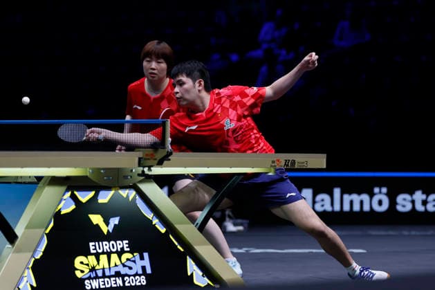 MALMO, SWEDEN - AUGUST 13: Lin Shidong and Kuai Man of China compete in the Mixed Doubles Quarterfinal match against Alexis Lebrun of France and Satsuki Odo of Japan on Day 4 of Europe Smash Sweden 2026 at Baltiska Hallen on August 13, 2026 in Malmo, Sweden.  Copyright: xVCGx 111659865814