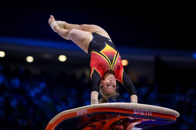 2026 Artistic Gymnastics European Championships - Day 1 Karina Schonmaier of Germany competes on the vault during day one of the 2026 Artistic Gymnastics European Championships at Arena Zagreb on August 13, 2026 in Zagreb, Crotia.  IgorxKralj PIXSELL