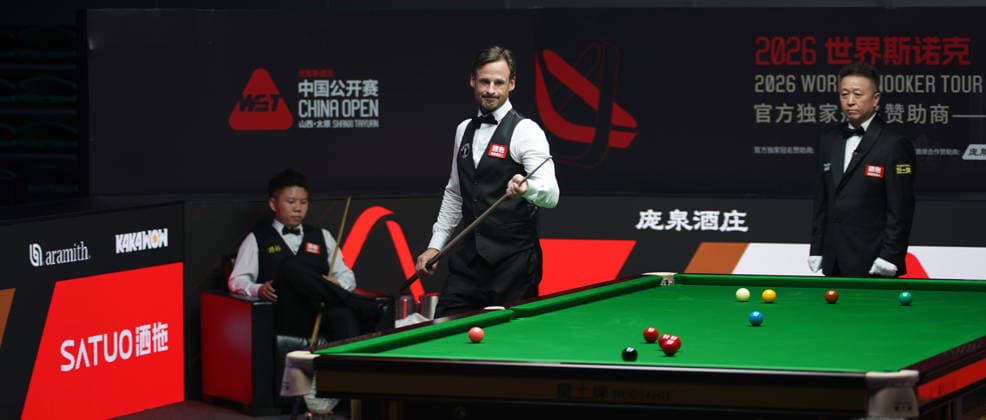 TAIYUAN, CHINA - AUGUST 14: David Gilbert of England reacts in the Quarterfinal match against Zhou Yuelong of China on day 7 of the 2026 World Snooker Tour China Open at Taiyuan Binhe Sports Center on August 14, 2026 in Taiyuan, Shanxi Province of China.  Copyright: xTaixChengzhex 111659923302