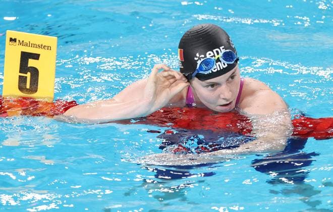 Belgian athlete Roos Vanotterdijk a press conference, PK, Pressekonferenz after pictured after the heats of the Women™s 200m medley race at the European Aquatics Championships in Paris, France on Friday 14 August 2026. VIRGINIExLEFOUR  x183343785x