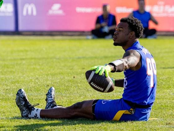 First down celebration from 99 Bralon Brown (WR DB) Team American Samoa Men Team American Samon Men vs Team USA Men, Flag Football , IFAF, WM, 2026, 13.08-16.08.26, Düsseldorf Flag Football Komplex Düsseldor Germany Copyright: xPFA ChristopherxMettkenx