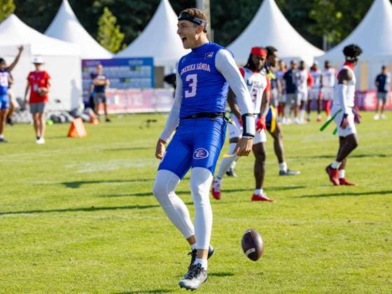Touchdown celebration from 3 Tai Natani-Othoniel Tiedemann (QB) Team American Samoa Men Team American Samon Men vs Team USA Men, Flag Football , IFAF, WM, 2026, 13.08-16.08.26, Düsseldorf Flag Football Komplex Düsseldor Germany Copyright: xPFA ChristopherxMettkenx