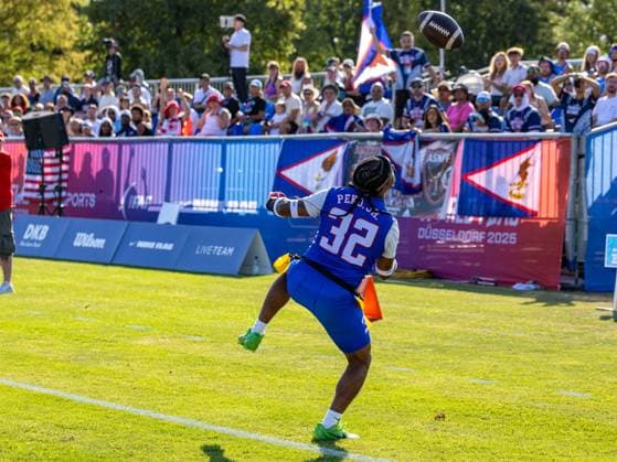Inkomplette pass to 32 Vailele Kuini Peko, Jr. (WR DB) Team American Samoa Men Team American Samon Men vs Team USA Men, Flag Football , IFAF, WM, 2026, 13.08-16.08.26, Düsseldorf Flag Football Komplex Düsseldor Germany Copyright: xPFA ChristopherxMettkenx