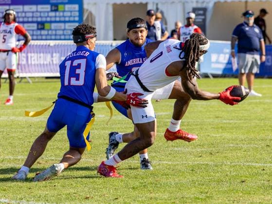 13 Alijah Isaiah Holder (WR DB) Team American Samoa Men catch the flag from US Player. Team American Samon Men vs Team USA Men, Flag Football , IFAF, WM, 2026, 13.08-16.08.26, Düsseldorf Flag Football Komplex Düsseldor Germany Copyright: xPFA ChristopherxMettkenx