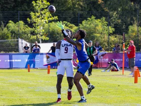 9 Justin McMullen (DB C) look at the ball. 99 Bralon Brown (WR DB) Team American Samoa Men catch the ball. Team American Samon Men vs Team USA Men, Flag Football , IFAF, WM, 2026, 13.08-16.08.26, Düsseldorf Flag Football Komplex Düsseldor Germany Copyright: xPFA ChristopherxMettkenx