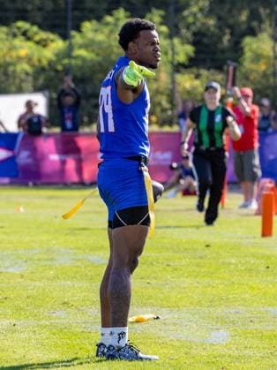 Touchdown celebration from 99 Bralon Brown (WR DB) Team American Samoa Men Team American Samon Men vs Team USA Men, Flag Football , IFAF, WM, 2026, 13.08-16.08.26, Düsseldorf Flag Football Komplex Düsseldor Germany Copyright: xPFA ChristopherxMettkenx