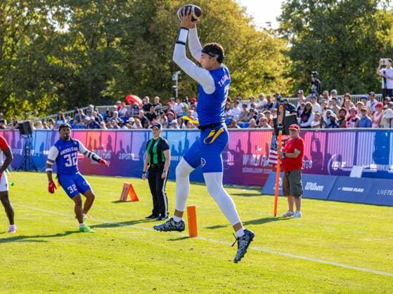 3 Tai Natani-Othoniel Tiedemann (QB) Team American Samoa Men Catch the ball in the air to a touchdown. Team American Samon Men vs Team USA Men, Flag Football , IFAF, WM, 2026, 13.08-16.08.26, Düsseldorf Flag Football Komplex Düsseldor Germany Copyright: xPFA ChristopherxMettkenx