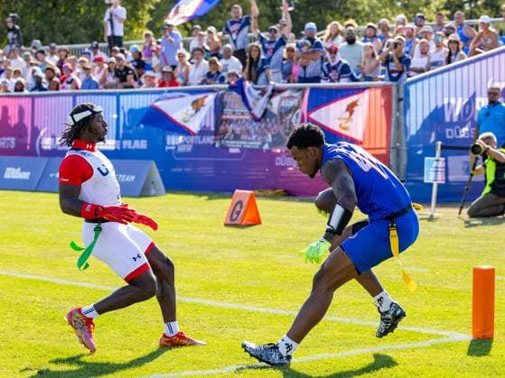 99 Bralon Brown (WR DB) Team American Samoa Men catch the Ball in the Endzone for the extra point. Team American Samon Men vs Team USA Men, Flag Football , IFAF, WM, 2026, 13.08-16.08.26, Düsseldorf Flag Football Komplex Düsseldor Germany Copyright: xPFA ChristopherxMettkenx