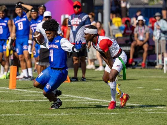 9 Jahcour Hasaan Pearson (WR DB) Team American Samoa Men dance on the Field. Team American Samon Men vs Team USA Men, Flag Football , IFAF, WM, 2026, 13.08-16.08.26, Düsseldorf Flag Football Komplex Düsseldor Germany Copyright: xPFA ChristopherxMettkenx