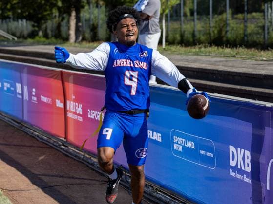 9 Jahcour Hasaan Pearson (WR DB) Team American Samoa Men touchdown celebration Team American Samon Men vs Team USA Men, Flag Football , IFAF, WM, 2026, 13.08-16.08.26, Düsseldorf Flag Football Komplex Düsseldor Germany Copyright: xPFA ChristopherxMettkenx