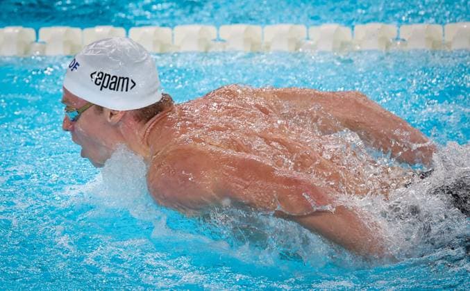 French swimmer Leon Marchand pictured in action during the men s 200m butterfly at the European Aquatics Championships in Paris, France on Friday 14 August 2026. VIRGINIExLEFOUR  x183344030x