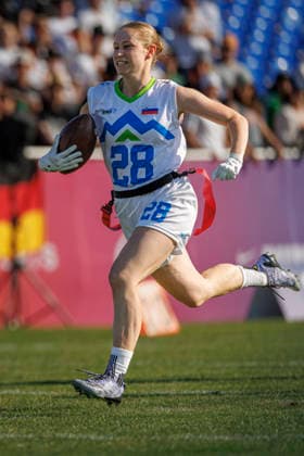 Germany (GER) vs. Slovenia (SLO), Day 2 Women at IFAF Flag Football Championships Düsseldorf 2026, 14.08.2026 Duesseldorf, Germany - Aug. 14, 2026: Tia GovejÅ¡ek (SLO 28) during the match between Germany (GER) vs. Slovenia (SLO) on the second day of the Women IFAF Flag Football World Championships at the Bezirkssportanlage Duesseldorf Garath *** Germany GER vs. Slovenia SLO, Day 2 Women s Division at the IFAF Flag Football Championships Düsseldorf 2026, August 14, 2026, Düsseldorf, Germany. Tia Govejöek (SLO) No. 28 during the match between Germany (GER) and Slovenia (SLO) on the second day of the Women’s IFAF Flag Football World Championships at the Bezirkssportanlage Düsseldorf Garath Copyright: xBEAUTIFULxSPORTS B.Hoffmannx