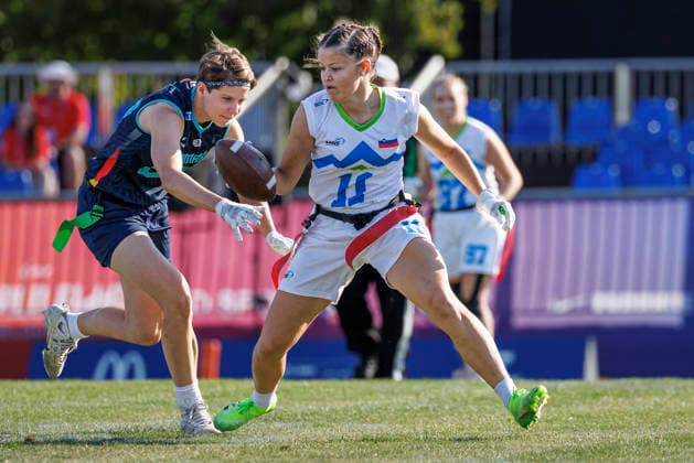 Germany (GER) vs. Slovenia (SLO), Day 2 Women at IFAF Flag Football Championships Düsseldorf 2026, 14.08.2026 Duesseldorf, Germany - Aug. 14, 2026: Dora Jasmin Jung (GER 27) and Nika VreÅ¡ (SLO 11) during the match between Germany (GER) vs. Slovenia (SLO) on the second day of the Women IFAF Flag Football World Championships at the Bezirkssportanlage Duesseldorf Garath *** Germany (GER) vs. Slovenia (SLO), Day 2, Women s Division at the IFAF Flag Football Championships in Düsseldorf 2026, August 14, 2026, Düsseldorf, Germany. Dora Jasmin Jung (GER), 27, and Nika Vreö SLO 11 during the match between Germany (GER) and Slovenia (SLO) on the second day of the Women’s IFAF Flag Football World Championships at the Bezirkssportanlage Düsseldorf Garath Copyright: xBEAUTIFULxSPORTS B.Hoffmannx