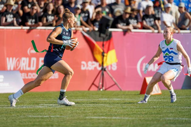 Germany (GER) vs. Slovenia (SLO), Day 2 Women at IFAF Flag Football Championships Düsseldorf 2026, 14.08.2026 Duesseldorf, Germany - Aug. 14, 2026: Carla Charlotte Törner (GER 14) during the match between Germany (GER) vs. Slovenia (SLO) on the second day of the Women IFAF Flag Football World Championships at the Bezirkssportanlage Duesseldorf Garath *** Germany GER vs. Slovenia SLO, Day 2 Women s Division at the IFAF Flag Football Championships Düsseldorf 2026, August 14, 2026, Düsseldorf, Germany. Carla Charlotte Törner (GER 14) during the match between Germany (GER) and Slovenia (SLO) on the second day of the Women’s IFAF Flag Football World Championships at the Bezirkssportanlage Düsseldorf Garath Copyright: xBEAUTIFULxSPORTS B.Hoffmannx