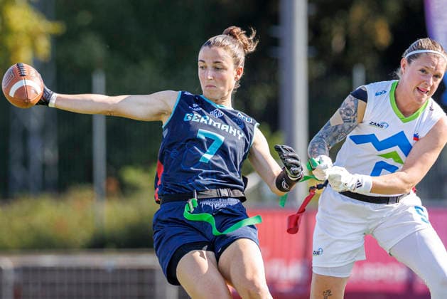 Germany (GER) vs. Slovenia (SLO), Day 2 Women at IFAF Flag Football Championships Düsseldorf 2026, 14.08.2026 Duesseldorf, Germany - Aug. 14, 2026: Kyra Fischer (GER 7) and Karin Bernik (SLO 9) during the match between Germany (GER) vs. Slovenia (SLO) on the second day of the Women IFAF Flag Football World Championships at the Bezirkssportanlage Duesseldorf Garath *** Germany GER vs. Slovenia SLO, Day 2 Women s Division at the IFAF Flag Football Championships Düsseldorf 2026, August 14, 2026, Düsseldorf, Germany—Kyra Fischer (GER, No. 7) and Karin Bernik (SLO, No. 9) during the match between Germany (GER) and Slovenia (SLO) on the second day of the Women’s IFAF Flag Football World Championships at the Bezirkssportanlage Düsseldorf Garath Copyright: xBEAUTIFULxSPORTS B.Hoffmannx
