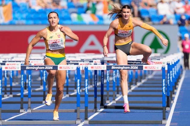 BIRMINGHAM, GREAT BRITAIN - AUGUST 14, 2026 : Beatrice JUäKEVICIUTE (LTU Lithuania) and Sandrina SPRENGEL (GER Germany) competing in the 100m hurdles in the heptathlon during the European Athletics Championships at Alexander Stadium on August 14, 2026 in Birmingham, Great Britain. Great Britain Copyright: xLeahxKohringx