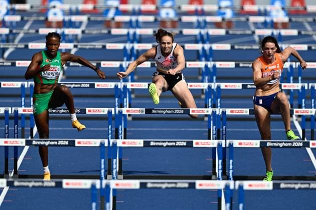 Belgian Noor Vidts pictured in action during the 100m hurdles race of the women s heptathlon competition, at on the fifth day of the European Athletics Championships (August 10-18) in Birmingham, United Kingdom, on Friday 14 August 2026. ERICxLALMAND  x183351678x