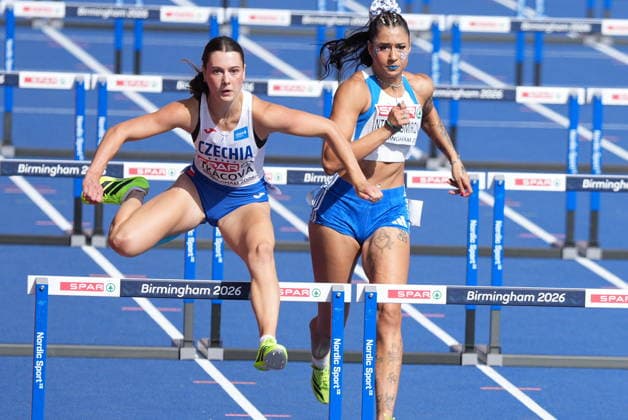 European Athletics Championships in Birmingham, United Kingdom, August 14, 2026. Czech athlete Adela Tkacova (left) competes during the heptathlon - 100 meters hurdles. (CTKxPhoto JaroslavxSvoboda) CTKPhotoP2026081403595  CTKPhotoP2026081403595