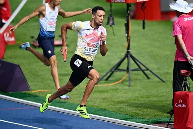 Belgian Daniel Segers pictured in action during the 4x400m mixed relay on the fifth day of the European Athletics Championships (August 10-18) in Birmingham, United Kingdom, on Friday 14 August 2026. ERICxLALMAND  x183353166x