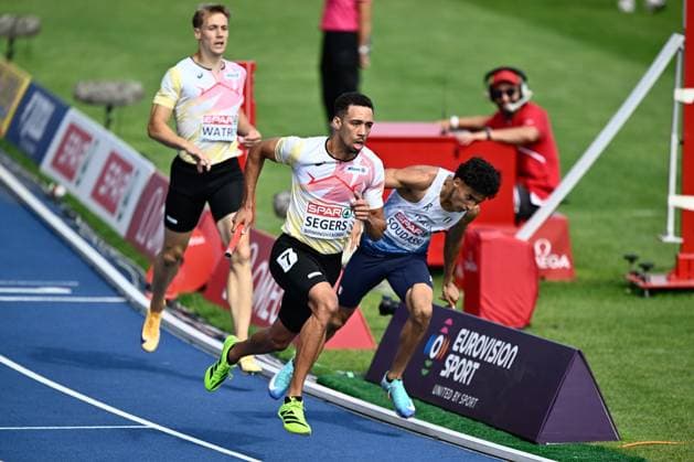 Belgian Daniel Segers pictured in action during the 4x400m mens relay on the fifth day of the European Athletics Championships (August 10-18) in Birmingham, United Kingdom, on Friday 14 August 2026. ERICxLALMAND  x183353149x