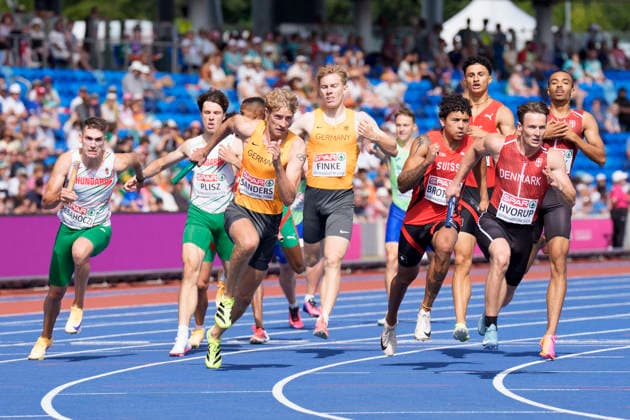 BIRMINGHAM, GREAT BRITAIN - AUGUST 14, 2026 : Germany in the 4x400m relay: Thorben FINKE (GER Germany) and Manuel SANDERS (GER Germany) competing during the European Athletics Championships at Alexander Stadium on August 14, 2026 in Birmingham, Great Britain. Great Britain Copyright: xLeahxKohringx