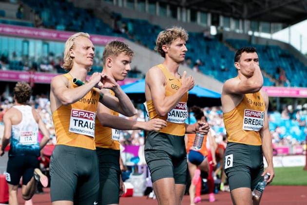 Thorben Finke (SV Sigiltra Soegel, 4x400m Staffel Maenner), Thilo Traue (LG Stadtwerke Muenchen, 4x400m Staffel Maenner), Jean Paul Bredau (VfL Wolfsburg, 4x400m Staffel Maenner), Manuel Sanders (TV Wattenscheid 01, 4x400m Staffel Maenner), GBR, Leichtathletik, Athletics, European Athletics Championships 2026, Leichtathletik Europameisterschaft 2026, Birmingham 2026, 09.08.2026, GBR, Leichtathletik, Athletics, European Athletics Championships 2026, Leichtathletik Europameisterschaft 2026, Birmingham 2026, 09.08.2026 Birmingham *** Thorben Finke, SV Sigiltra Soegel, Men s 4x400m Relay; Thilo Traue, LG Stadtwerke Munich, Men s 4x400m Relay; Jean Paul Bredau, VfL Wolfsburg, Men s 4x400m Relay; Manuel Sanders, TV Wattenscheid 01, Men’s 4x400m Relay, GBR, Track and Field, Athletics, 2026 European Athletics Championships, 2026 European Track and Field Championships, Birmingham 2026, August 9, 2026, GBR, Track and Field, Athletics, 2026 European Athletics Championships, 2026 European Track and Field Championships, Birmingham 2026, August 9, 2026, Birmingham Copyright: xStefanxMayerx EP_SMR