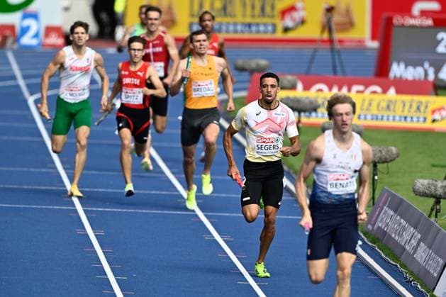 Belgian Daniel Segers pictured in action during the men s 4x100m relay on the fifth day of the European Athletics Championships (August 10-18) in Birmingham, United Kingdom, on Friday 14 August 2026. ERICxLALMAND  x183354311x